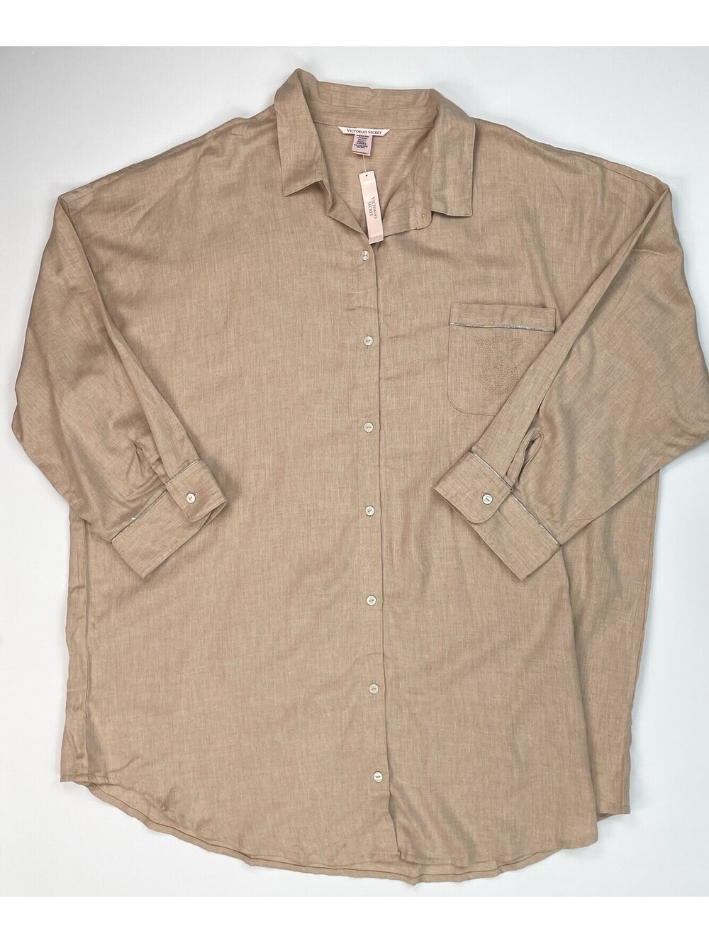 NWT Victorias Secret Cotton Blend Sleepshirt Boxy Button Up Shirt Beige Tan XXL